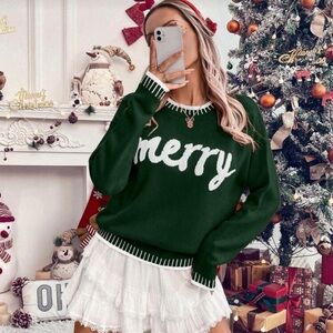 Women's Christmas Font Pattern Knit Sweater For New Year Clothes Knit Pullover